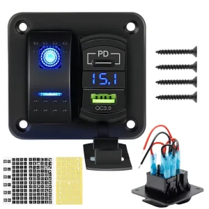1 Gang Rocker Switch Panel with PD QC3.0 USB Car Charger & Voltmeter 12V 24V Boat Waterproof Toggle Switch Panel with Stickers