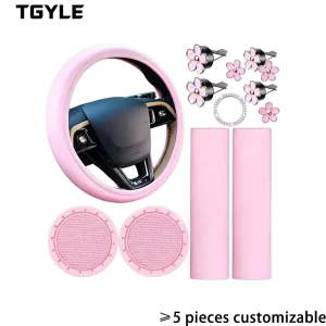 10 Pcs Universal Artificial Leather 38cm Steering Wheel Cover Set for Women Seat Belt Pad Cup Holder Start Button Sticker