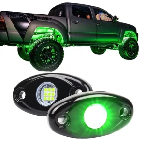 12 Volt Waterproof Rock Lights Green LED Bright Aluminium Logo Ambient Light for Mini Truck ATV 4×4 Off-Road SUV