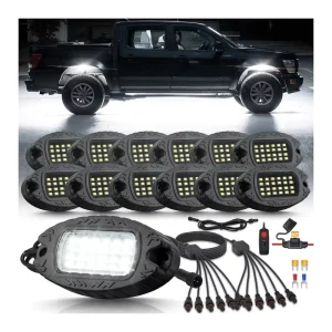 12Pods Metal Pure White LED Rock Light Kit with Switch Wiring Harness, 6000K 60W 288LEDs Neon Waterproof Fender Lights for Truck