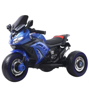 12V Kids Electric Motorcycle 3 Wheel Ride On Sportbike with Royal Blue Finish Tinted Windshield and Chrome Exhaust