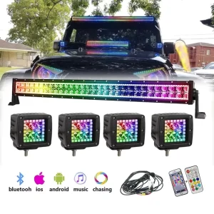 12V RGB Chasing LED Light Bar and Work Light Set Auto Exterior LED Pod APP Control for Truck Jeep 4×4 Vehicles