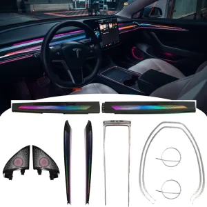 12V RGB Dynamic Ambient Light for Tesla Model 3/Y Carbon Fiber Electroplated Laser Engraved Rainbow LED Interior Strip