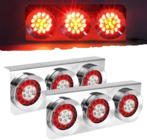 12V24V Truck Trailer LED Combination Tail Rear Light Chrome Iron Bracket Base 4Inch Round Stop Turn Signal Brake Running Lamp RV