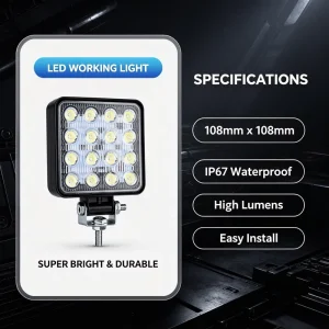 16 LED Square Driving Light for 4×4 SUV for ATV High Power 48W Flood Light Off Road Lighting Kit