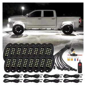16Pods Pure White LED Rock Lights with Wiring Harness Power Kill Switch 6000K Underglow Lights 12V 48W Waterproof for Trucks UTV