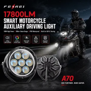 180W Smart Motorcycle Auxiliary Light 500m LED Spot Flood Driving Light 6 Color Ambient Mode IPX8 Model A70 7 Lens Side