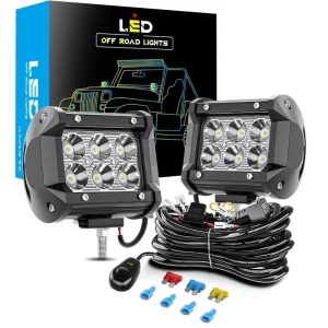 18W 9-30V LED Driving Lights Bar 2PCS 16AWG Wiring Harness Kit 2 Lead Fog Lights Off Road Work Lights