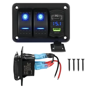 2 Gang LED Rocker Switch Panel with PD USB C Socket Voltmeter 12V 24V DC Marine Rocker Toggle Switch Board for Car Truck Boat RV