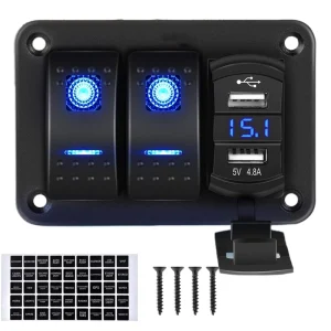 2 Gang Rocker Switch Panel Waterproof 12V-24V with 4.8A USB Charger Voltmeter Marine Boat Rocker Toggle Switch Panel for Car RV