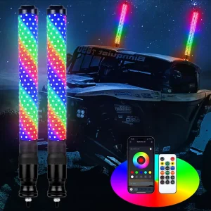 2.2 Inch Diameter Spiral Chasing RGB 2FT LED Whip Light LED Fat Whip Light for Jeep UTV ATV Off Road Truck 4WD