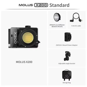 200W COB LED Video Light with Bowens Mount MOLUS X200 RGB 830g Ultra Portable 19000 Lux for Studio Vlogging