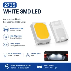 2735 White SMD LED Automotive LED Chip High Reliability Low Attenuation 120° Lighting Diode for Car License Plate Light