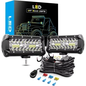 2PCS 7 Inch 120W Triple Rows LED Work Light Spot Flood Combo 16AWG Wiring Harness Off Road Truck Car ATV SUV