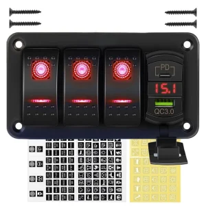 3 Gang Marine Rocker Switch Aluminum Panel 12V PD USB Charger Voltmeter LED Lighted Rocker Toggle Switch for Car Truck Boat RV