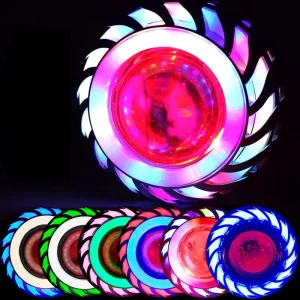 30W DC 12V 24V Silver ABS+LED Motorcycle Headlight Whirlwind Angle Eyes Double Lens Built-in Devil Eye Lighting System Model