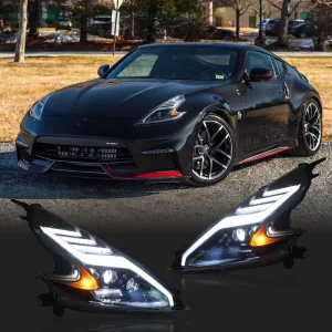 370Z Headlights LED Assembly for Nissan Z34 6th Gen JDM Blacked out NISMO Style Upgrade Bi LED Sequential Plug n Play