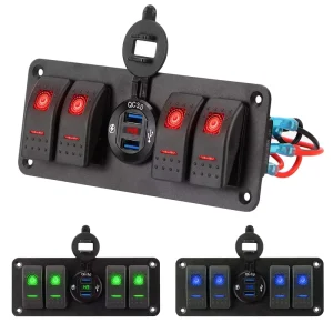 4 Gang Boat Rocker Switch Panel with LED Voltmeter Waterproof 12V 24V DC Dual QC 3.0 USB Fast Charging for Cars Trucks Boats RV