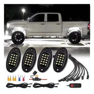 4Pods Pure White LED Rock Light with Wiring Harness Power Supply Off Road Light for Truck Pure White Light
