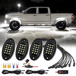 4Pods Pure White LED Rock Lights with Wiring Harness Power Kill Switch 6000K Underglow Lights 12v Waterproof for Trucks Jeep ATV