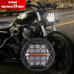 5.75 Motorcycle LED Headlight with Honeycomb Grill DRL High Low Beam Round Projector Headlamp for Harley Sportster Iron 883 Dyna