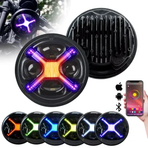 5.75 inch X shaped Headlight with Blacked out Aperture RGB DRL 40W Power Aluminum Alloy Colorful Motorcycle Lighting System