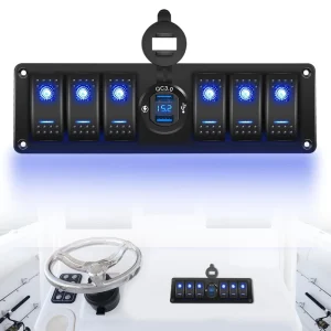 6 Gang Marine Rocker Switch Aluminum Panel with Dual QC3.0 USB Socket LED Voltmeter 12V for Truck Boat