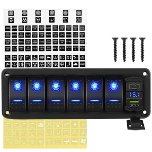 6 Gang Rocker Switch USB Panel Marine 5 Pin ON OFF Toggle Switch Boat RV Waterproof LED Rocker Switch Panel with PD USB Port