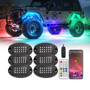 6 Pods RGB+IC Metal Custom RGB Rock Lights Waterproof Neon LED Underglow Pods for Offroad Truck