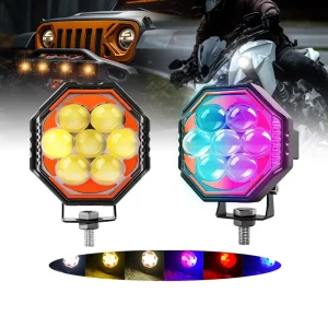 70W 7Lens Motorcycle LED Octagonal Spotlight Strobe White Yellow Dual Color Auxiliary Fog Driving Light for Car 4×4 Off Road ATV