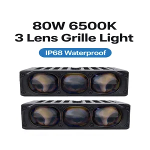 80W 6500K 3 Lens LED Car Grille Lights Bi Led Projector Lens DC12V Auxiliary High Low Beam Car Grille Lights