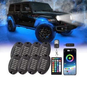 8Pods Metal RGB LED Rock Lights with APP RF Remote Control 24LEDs Underglow Lights with Dual Zone Brake Light Turn Signal 12V