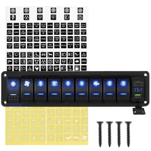 9 Gang Waterproof Rocker Switch Panel with LED Voltmeter PD USB Car Charger Marine 12V Toggle Switch Dashboard for RV Truck Car