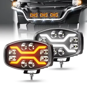 9″ LED Work Spotlight Auto Exterior Lighting Combo Beam White Amber Position Lamp for Volvo Men Heavy Truck Driving