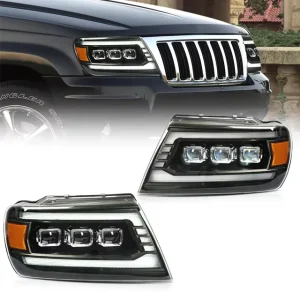99 04 for Grand Cherokee Headlight Assembly Modification LED Daytime Running Light Flow Light Steering Triple Lens 12V
