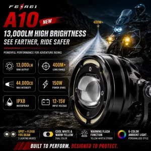 A10 13000LM Motorcycle Auxiliary Driving Light High Beam LED Spotlight with 6 Color Ambient Light for Goldwing
