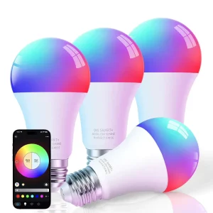 A19 LED Smart Light Bulbs E26 800 LM RGBWW WiFi Crystal Dimmable 4-Pack Alexa Google Assistant Matter ETL Glass Warm White