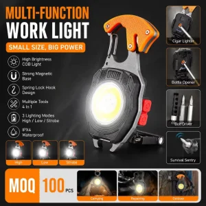 ABS Material Multifunctional Portable LED COB Keychain Work Light Cigarette Lighter Bottle Opener Emergency Light for Camping