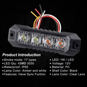 Amber White Grille Strobe Lights 12V Auto Retrofit Deck Dash Side Marker Flashing Warning Sync Function