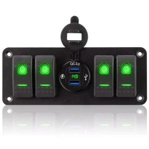 Automotive 4 Gang LED Backlit Toggle Rocker Switch Panel Fog Light Circuit Breaker Green Light 12-24V DC 12 Months Warranty
