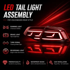 BK LED Tail Light Assembly for Volkswagen Passat B8 Sequential Turn Signal DRL Plug Play
