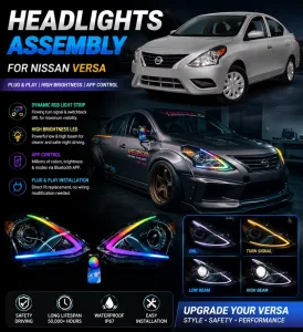 Bluetooth APP Control Angel Eyes Headlight Assembly for Nissan Versa LED Headlight Upgrade