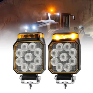 Bright Square 4 Inch E-mark Flood Beam Flashing Truck Led Work Light for Car Tractor Vehicle with 360° Warning Strobe Lights