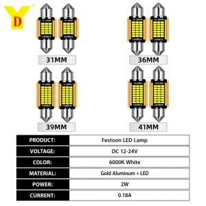 CANBUS C5W C10W Gold Aluminum Festoon LED Bulb 31mm 36mm 39mm 41mm 12V 24V 2W 6000K White Map License Plate Reading Light Lamp