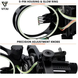 CNC Machined Compound Bow Sight with Five Pin Housing Adjustable Light Built In Level and Long Mounting Bracket