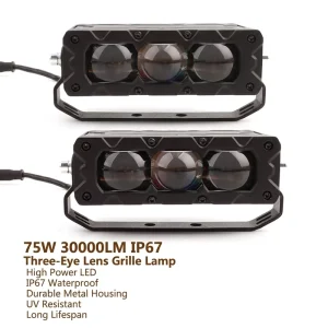 Car Grille Lights 75W 30000LM 3 Lens Bi LED Projector Lens Grille Light with Bracket