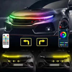 Car Tuning Flexible DRL Color Chasing LED Hood Lamp APP Remote Dynamic Turn Light Headlight Strip RGB Daytime Running Light