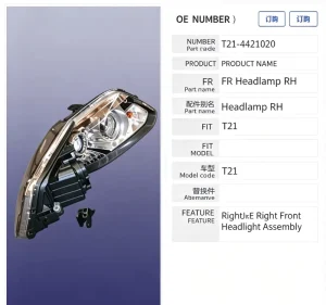Chery Right Front Halogen Headlight Assembly OE T21-4421020 Auto Spare Parts Fit T21