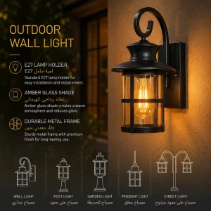 Classic Outdoor Wall Lantern with Amber Cylinder Shade for Porch Lighting