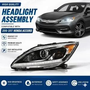 Custom Headlight Assembly for Honda Accord with Bi LED Projectors Lens with WRGB DRL Daytime Running Lights by App Control